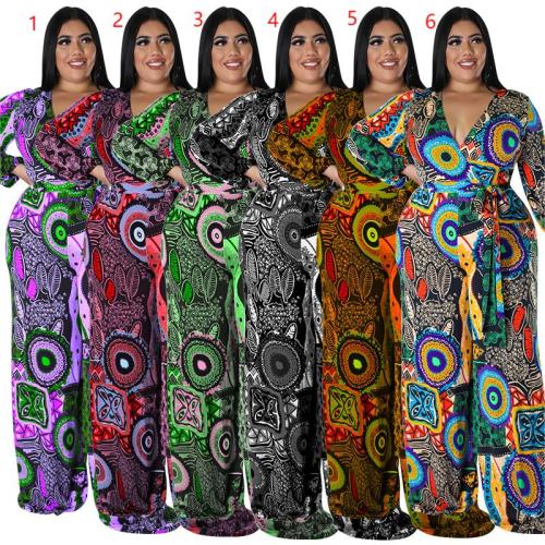 Printed Multicolor Long Sleeve Long Jumpsuit