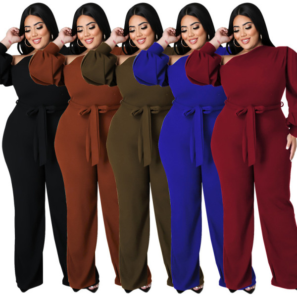 Plus Size Solid Color Balloon Sleeve Slanted Shoulder Belted Fashion Jumpsuit