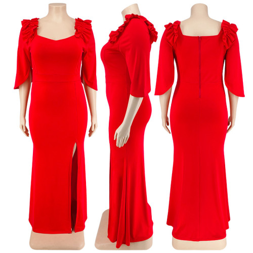 plus size sexy lotus leaf sleeve hip open back dress dress