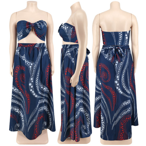 Plus Size Ethnic Print Swing Skirt Two Piece Set