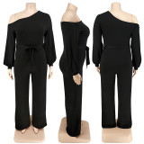 Plus Size Solid Color Balloon Sleeve Slanted Shoulder Belted Fashion Jumpsuit