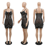 Fashion sexy sling hot drill hand-crank V-neck perspective dress