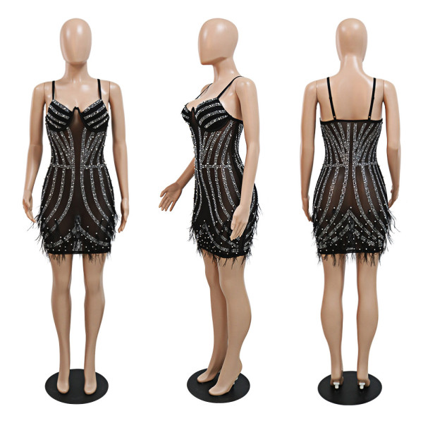 Fashion sexy sling hot drill hand-crank V-neck perspective dress
