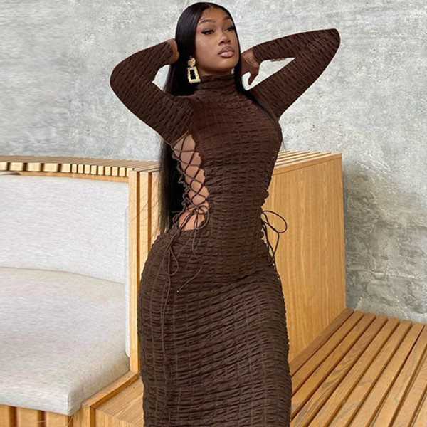 Fashionable Popcorn Side Cutout Tie Turtleneck Long Sleeve Dress