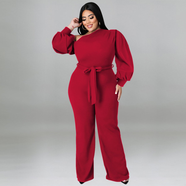 Plus Size Solid Color Balloon Sleeve Slanted Shoulder Belted Fashion Jumpsuit