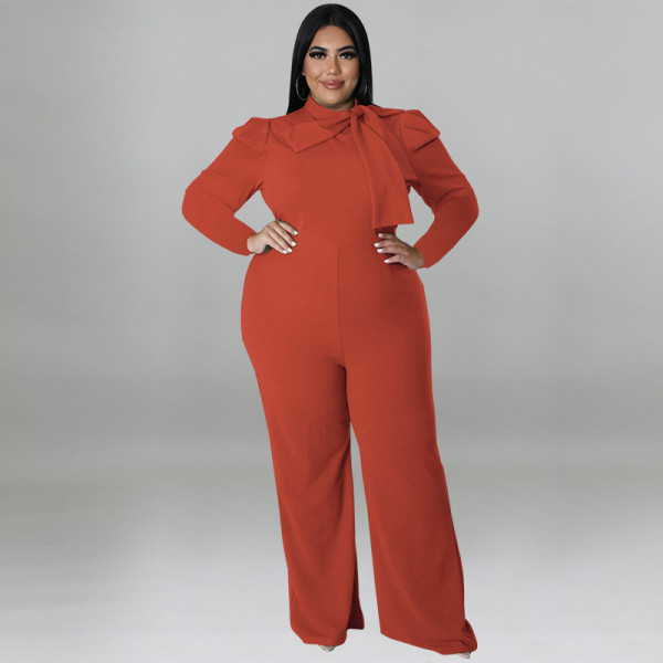 Plus Size Solid Color Bow Long Sleeve Pants Fashion Jumpsuit