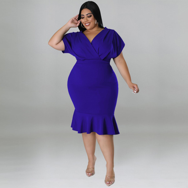 Personalized V-neck Solid Color Hip Pack Dress Dress