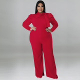 Plus Size Solid Color Bow Long Sleeve Pants Fashion Jumpsuit