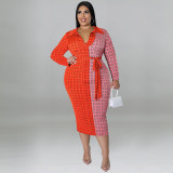 Plus Size Long Sleeve Shirt Collar Colorblock Dress
