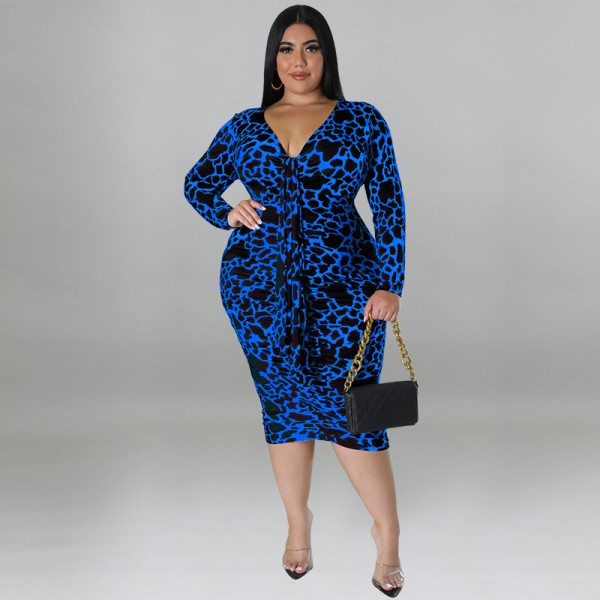 Plus Size Women's Sexy Bag Hip Leopard Print Multicolor Long Sleeve Long Dress
