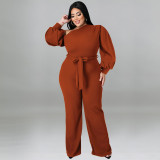Plus Size Solid Color Balloon Sleeve Slanted Shoulder Belted Fashion Jumpsuit