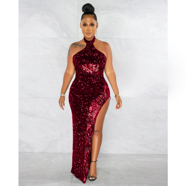 Fashion Women's Sequin Perspective Solid Color Sleeveless Halter Dress