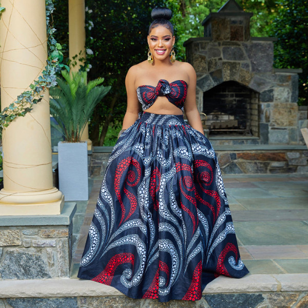Plus Size Ethnic Print Swing Skirt Two Piece Set