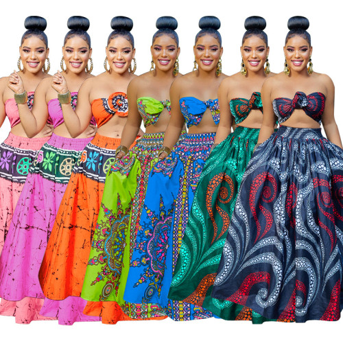 Plus Size Ethnic Print Swing Skirt Two Piece Set