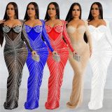Fashion women's hot drill mesh see-through long-sleeved long dress