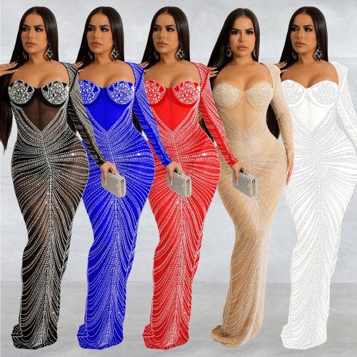 Fashion women's hot drill mesh see-through long-sleeved long dress