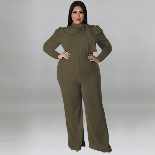 Plus Size Solid Color Bow Long Sleeve Pants Fashion Jumpsuit
