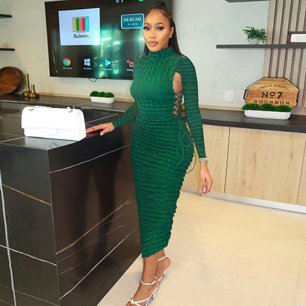 Fashionable Popcorn Side Cutout Tie Turtleneck Long Sleeve Dress