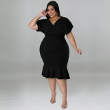 Personalized V-neck Solid Color Hip Pack Dress Dress