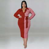 Plus Size Long Sleeve Shirt Collar Colorblock Dress