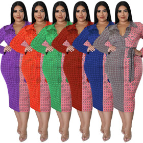 Plus Size Long Sleeve Shirt Collar Colorblock Dress