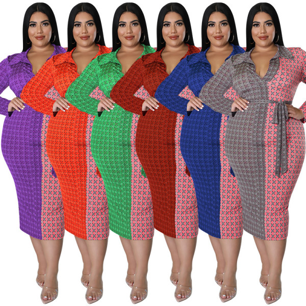 Plus Size Long Sleeve Shirt Collar Colorblock Dress