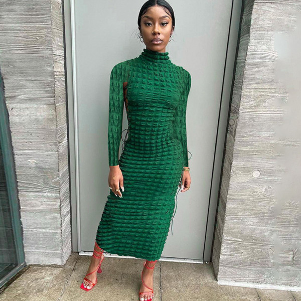 Fashionable Popcorn Side Cutout Tie Turtleneck Long Sleeve Dress