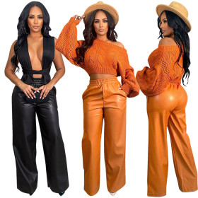 Fashion Solid Faux Leather Wide Leg Pants