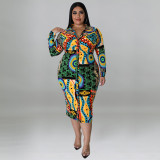 Plus Size Long Sleeve Long Dress Print Multicolor Casual Sexy Shirt