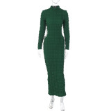 Fashionable Popcorn Side Cutout Tie Turtleneck Long Sleeve Dress
