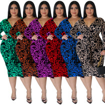 Plus Size Women's Sexy Bag Hip Leopard Print Multicolor Long Sleeve Long Dress