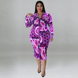 Plus Size Long Sleeve Long Dress Print Multicolor Casual Sexy Shirt