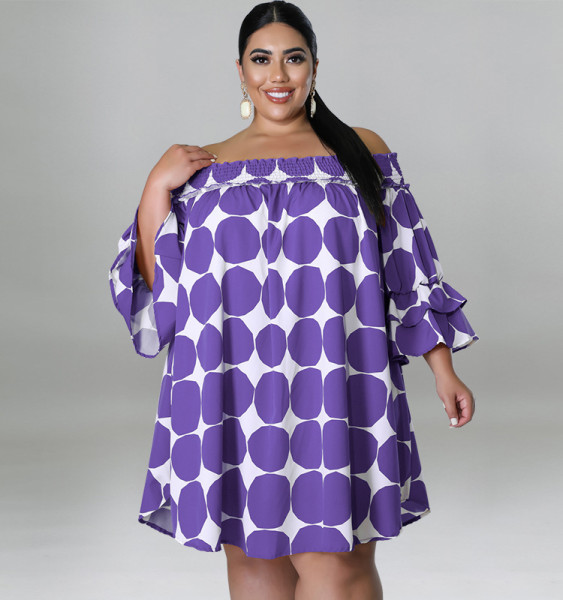Plus Size Slip Neck Pull Elastic Print Polka Dot Dress