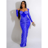 Fashion women's hot drill mesh see-through long-sleeved long dress