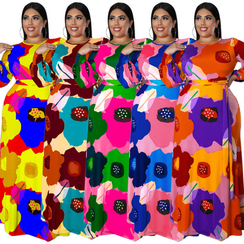 Plus Size Women's Long Sleeve Long Dress Big Flower Print Fashion Dress