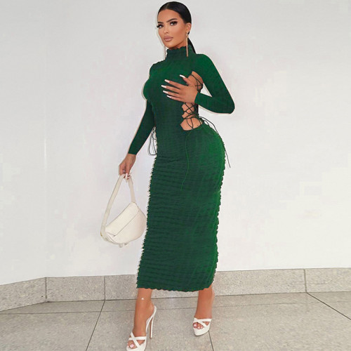 Fashionable Popcorn Side Cutout Tie Turtleneck Long Sleeve Dress