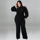 Plus Size Solid Color Balloon Sleeve Slanted Shoulder Belted Fashion Jumpsuit