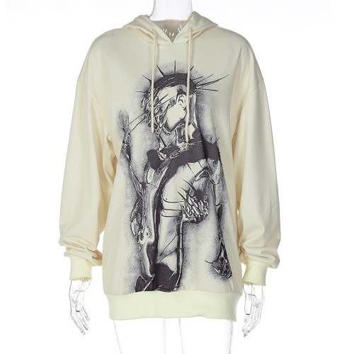 Fashion Print Casual Loose Hooded Long Sleeve Sweatshirt