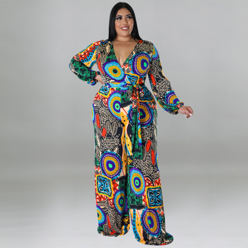 Printed Multicolor Long Sleeve Long Jumpsuit