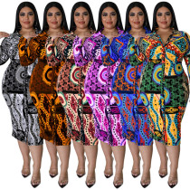 Plus Size Long Sleeve Long Dress Print Multicolor Casual Sexy Shirt