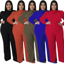 Plus Size Solid Color Bow Long Sleeve Pants Fashion Jumpsuit