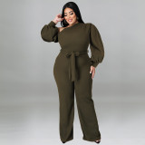Plus Size Solid Color Balloon Sleeve Slanted Shoulder Belted Fashion Jumpsuit
