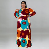Plus Size Women's Long Sleeve Long Dress Big Flower Print Fashion Dress