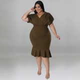 Personalized V-neck Solid Color Hip Pack Dress Dress