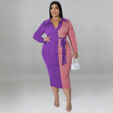 Plus Size Long Sleeve Shirt Collar Colorblock Dress