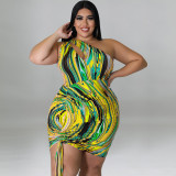 Plus Size Printed One Shoulder Sleeve Sexy Drawstring Hip Dress