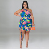 Plus Size Printed One Shoulder Sleeve Sexy Drawstring Hip Dress