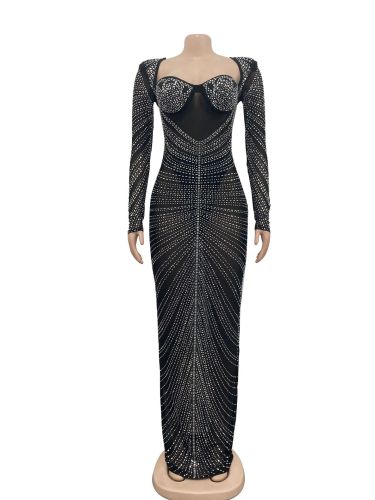 Fashion women's hot drill mesh see-through long-sleeved long dress