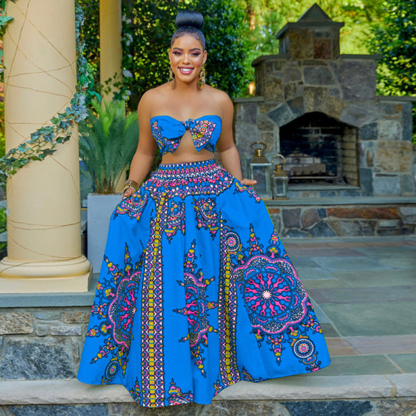 Plus Size Ethnic Print Swing Skirt Two Piece Set