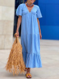 Solid Color V-Neck Loose Waist Short Sleeve Dress